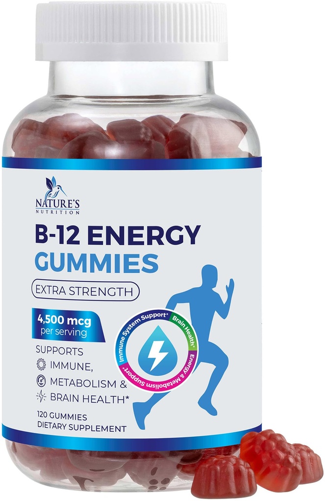 B-12 Vitamine energie Gummies 4500mcg - Extra sterkte B12 Gummy kauwtabletten voor energie Metabolisme en immuunondersteuning - Dieetsupplement voor vrouwen, mannen, & kinderen - Niet-GMO, Veganistisch, Berry Flavor - 120 Tel.