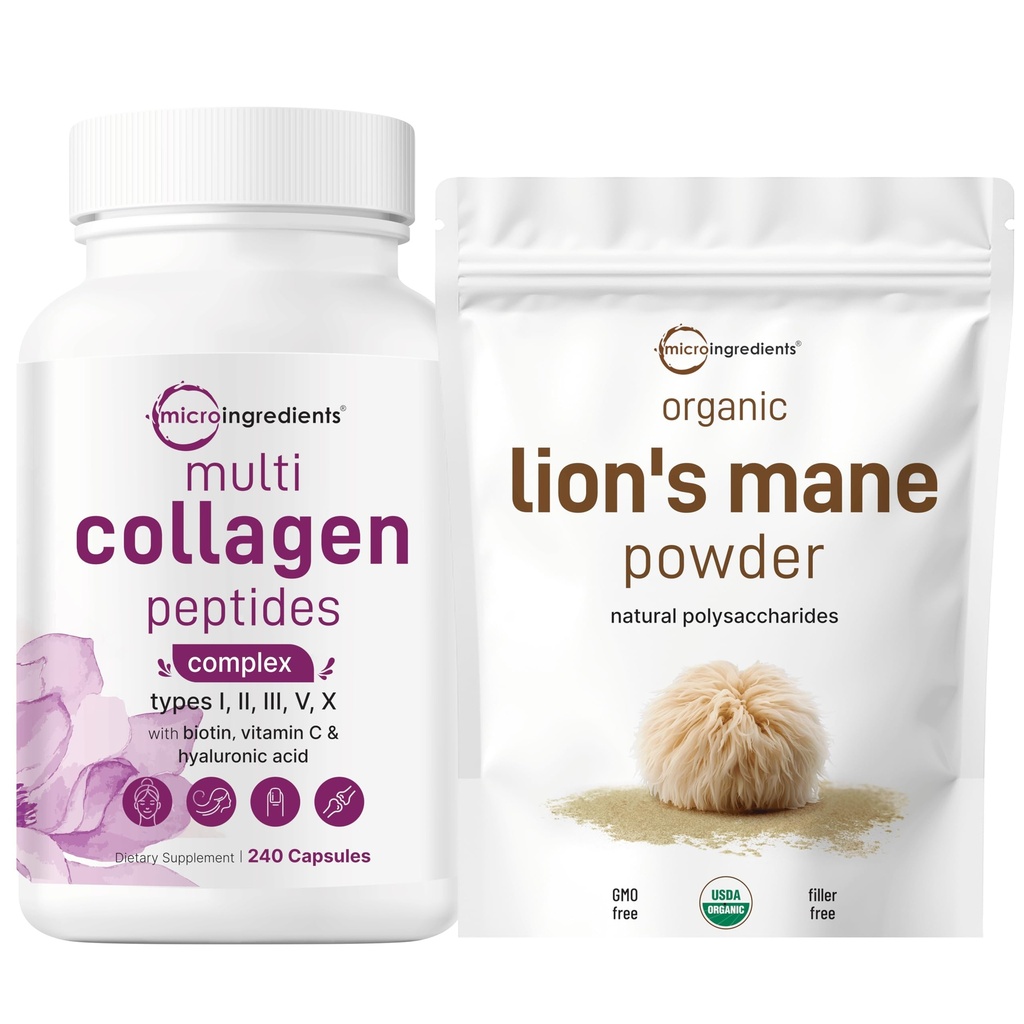 Micro Ingrediënten Multi Collageen Complex & Lions Mane Mushroom Supplement Powder Bundle 2 Pack 