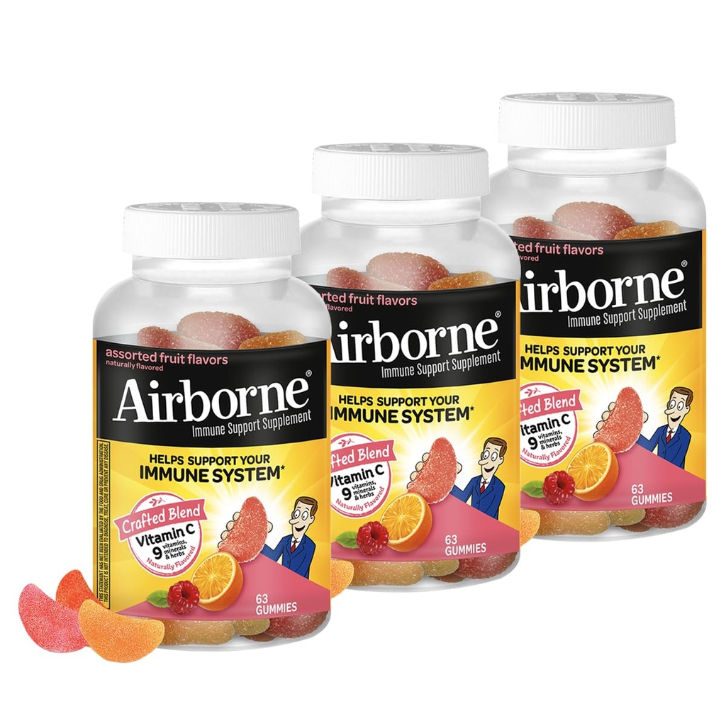 Supplément de soutien pour immuno-vitamine C aéroporté 750mg Gommies pour adultes, goût de fruits assortis, mélange sans gluten avec des antioxydants puissants Vitamines A C & E, 63 Gommies (3 pack)