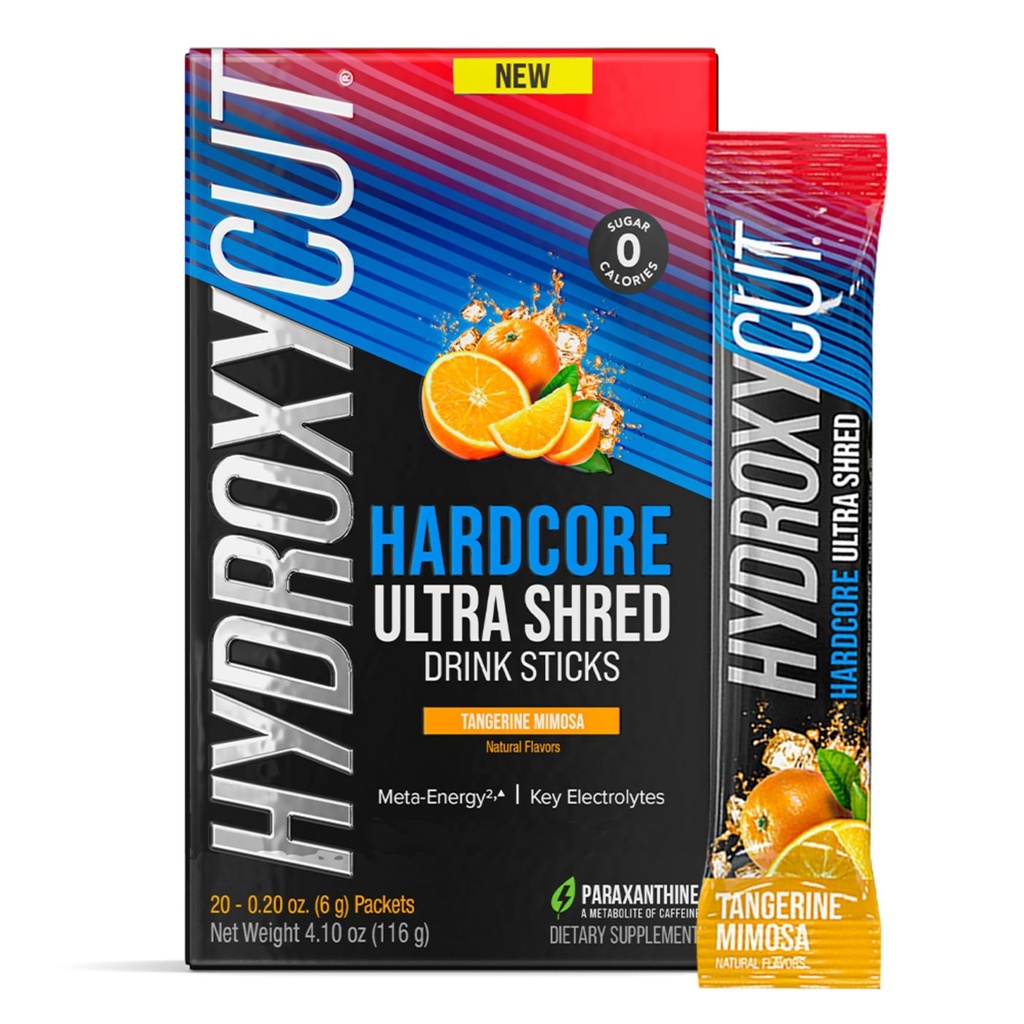 Bâtons de boisson hydroxycutés ultra shred, Tangerine Mimosa - 20 paquets - Zéro sucre ou calories - Comprend paraxanthine et vitamines B - pour les femmes et les hommes