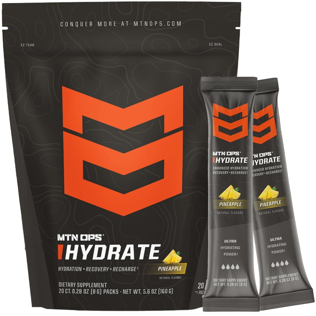 MTN OPS Hydrate Electrolytes Powder Drink Mix, 20 Single Serving On-The-Go Electrolyte Packs met meer dan 1000 mg Elektrolyten per Serving, Ananas