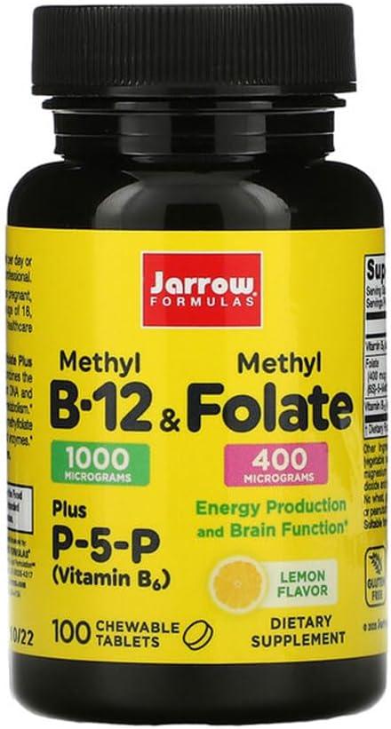 Jarrow Formulas Methyl B-12 & Methyl Folate - 100 Kauwtabletten, Citroen - Verpakking van 2 - Bioactieve vitamine B12 & B9 - Ondersteunt energieproductie, hersenfunctie en stofwisseling - 200 totale porties