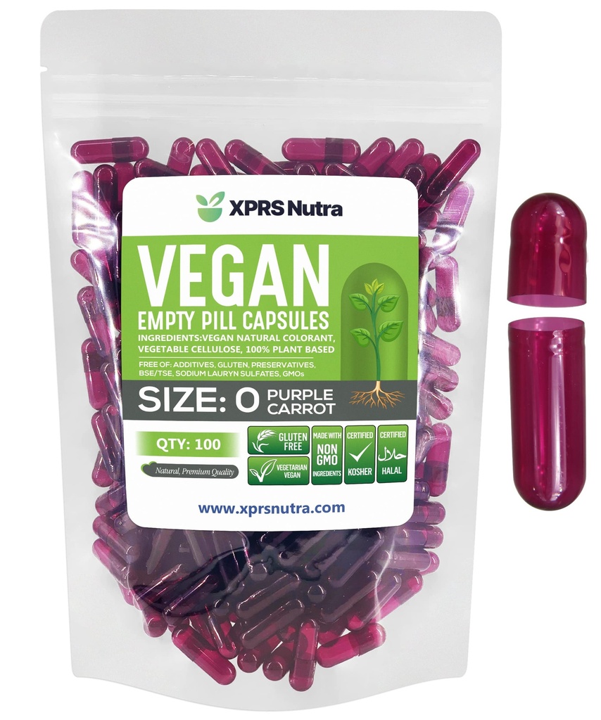 XPRS Nutra Maat 0 Lege capsules - 100 Graaf Lege Vegan Capsules - Vegetarische pillen - DIY plantaardige capsule vullen - Veggie pilscaps voor Do-It-Yourself Supplements (Paarse wortel)