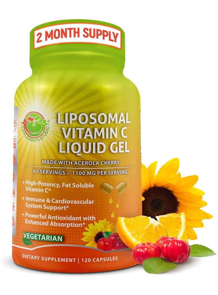 Capsules de gel liquide de vitamine C liposomique - 1100mg - Fabriqué avec des cerises d'acérola biologique, supplément de soutien immunitaire de vitamine C à haute puissance avec absorption et biodisponibilité améliorées - 120comptes