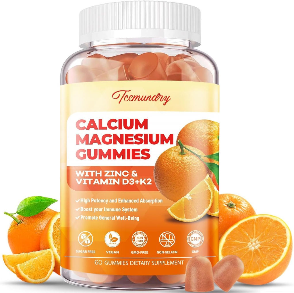 Calcium Magnesium Zink Gummies met Vitamine D3 & K2 - Hoge Absorptie Magnesium Glycinate 400mg - Suikervrij Calcium Supplement - Ondersteuning Zenuw Spier Mood & Immunity - voor Volwassenen Mannen Vrouwen Kinderen