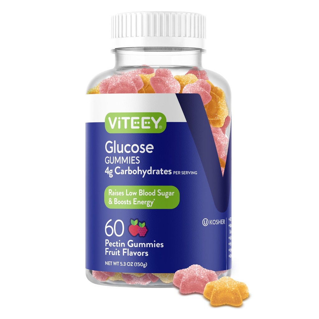 Viteey Glucose Gummies - 4g Koolhydraten - Snelwerkend Alternatief voor Glucose Tablets - Energie en Bloedsuiker Ondersteuning - Veganistisch, Glutenvrij, Gelatinevrij - 60 Tel.