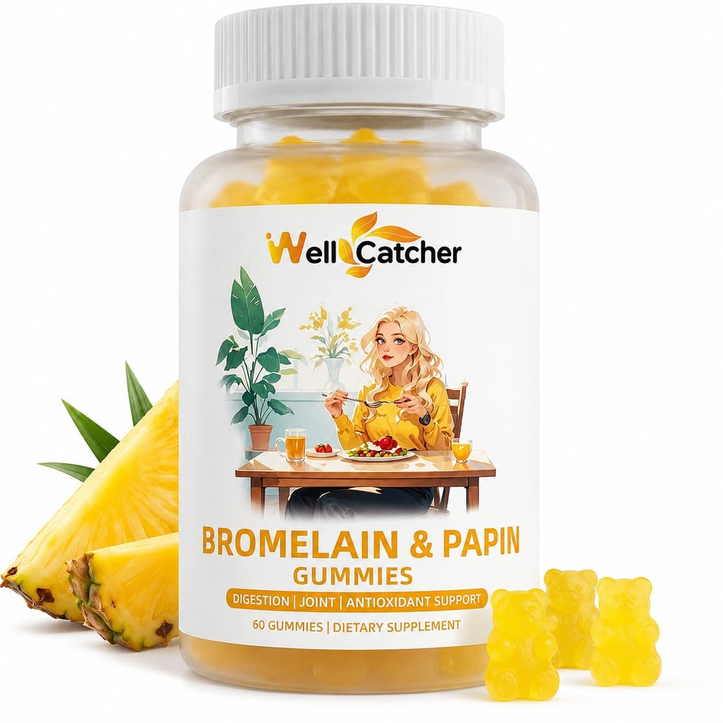 Bromelain Papain Enzyme Gummies Supplement: Bromelain 500MG met Queroctin Gummies voor volwassenen Kids, Biologische Bromelain Papaya Enzymen Kauwbaar voor Digestieve Ondersteuning Immunity Antioxidant Vegan 60CT