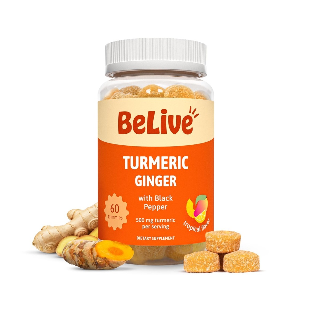 BeLive Kurkuma Curcumin met Black Pepper & Ginger - 500 mg Kurkuma en Gembersupplement voor Immune Support, Gezonde Huid, en Mobiliteit - Tropische Smaak 60 Tel.