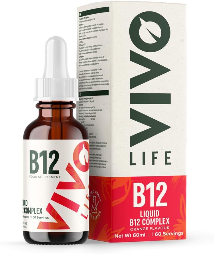 Vivo Life - Vitamine B12 Complex, High Potency Health Supplement, Orange Flavor Liquid Drops, 60ml, 60 Servers