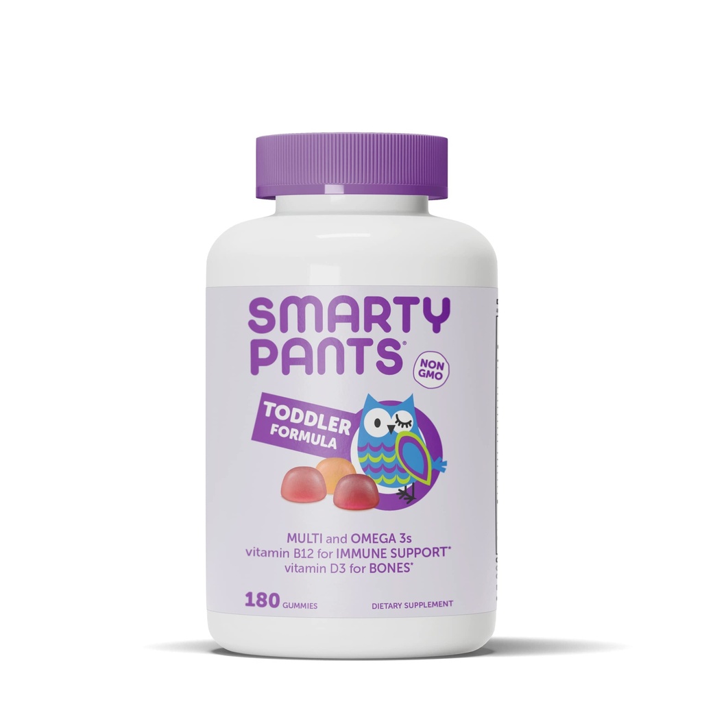 SmartyBants Peuter Multivitamine Gummies: Omega 3 Visolie (EPA/DHA), Vitamine D3, C, Vitamine B12, B6, A, K & Zink, Biotine, Beta Caroteen, Glutenvrij, Drie Fruitsmaken, 180 Tellen (60 Dagen Levering)