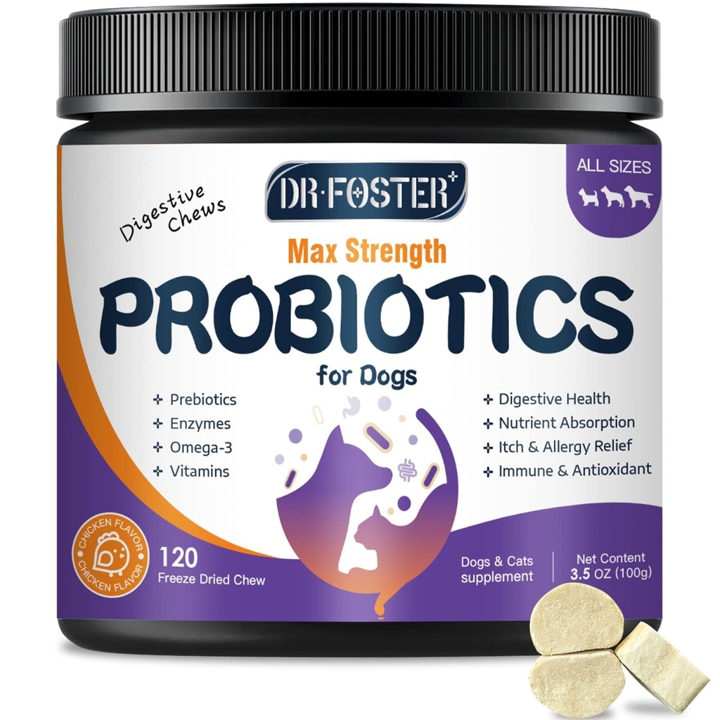 Probiotica voor honden, Freeze-Dried Dog Probiotica en spijsverteringsenzymen, Plus Omega-3 voor Itchy Skin, 3-in-1 Prebiotica voor de spijsvertering van de gezondheid, Hondenvitaminen en Supplementen voor Immune Health, 120 Bites
