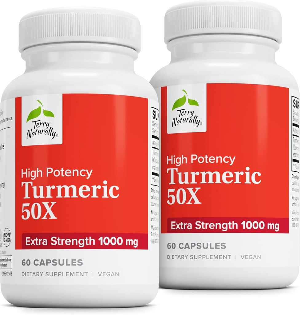 Terry Naturally Turmeric 50X - Dieetsupplement voor hersen- en hartgezondheidsondersteuning - Extra sterkte Kurkuma te helpen Immune Health - Niet-GMO-supplement - 60 capsules, 2 Pack