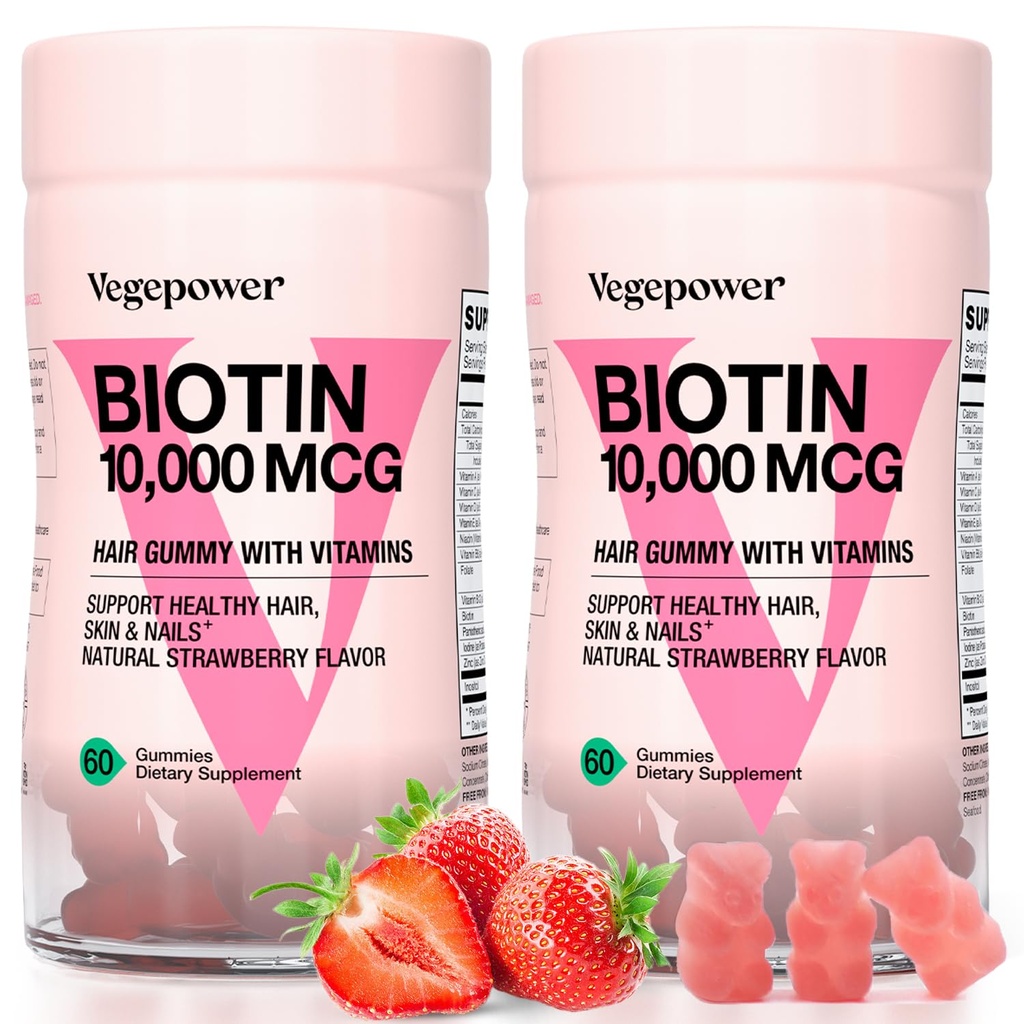 Biotine Gummies 10000mcg Supplementen - met vitamine C, A, D, B-complex, Folaat, Zink voor vrouwen & meisjes- Vegan Biotin Haargroei Gummy voor gezond haar en nagels, Non-GMO, Aardbei, 120 Beer