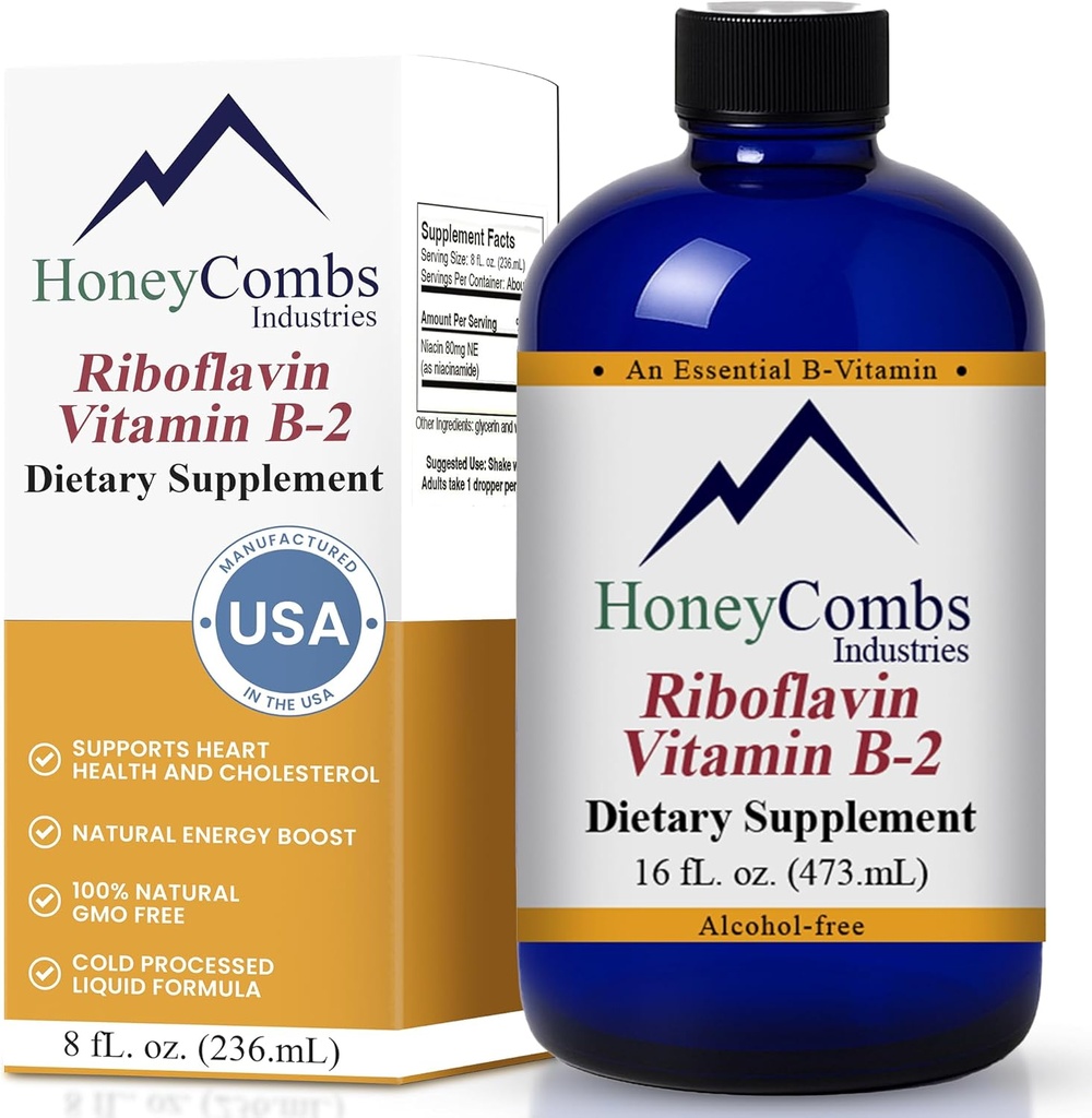 HoneyCombs Vitamine B2 Riboflavine Supplement Liquid Drops - High Potency Vitamine B2 voor mannen & vrouwen - Handhaaf gezonde spijsvertering, zenuwstelsel, haar, huid, nagels - Vegan Liquid Vitaminen (16 Fl oz)