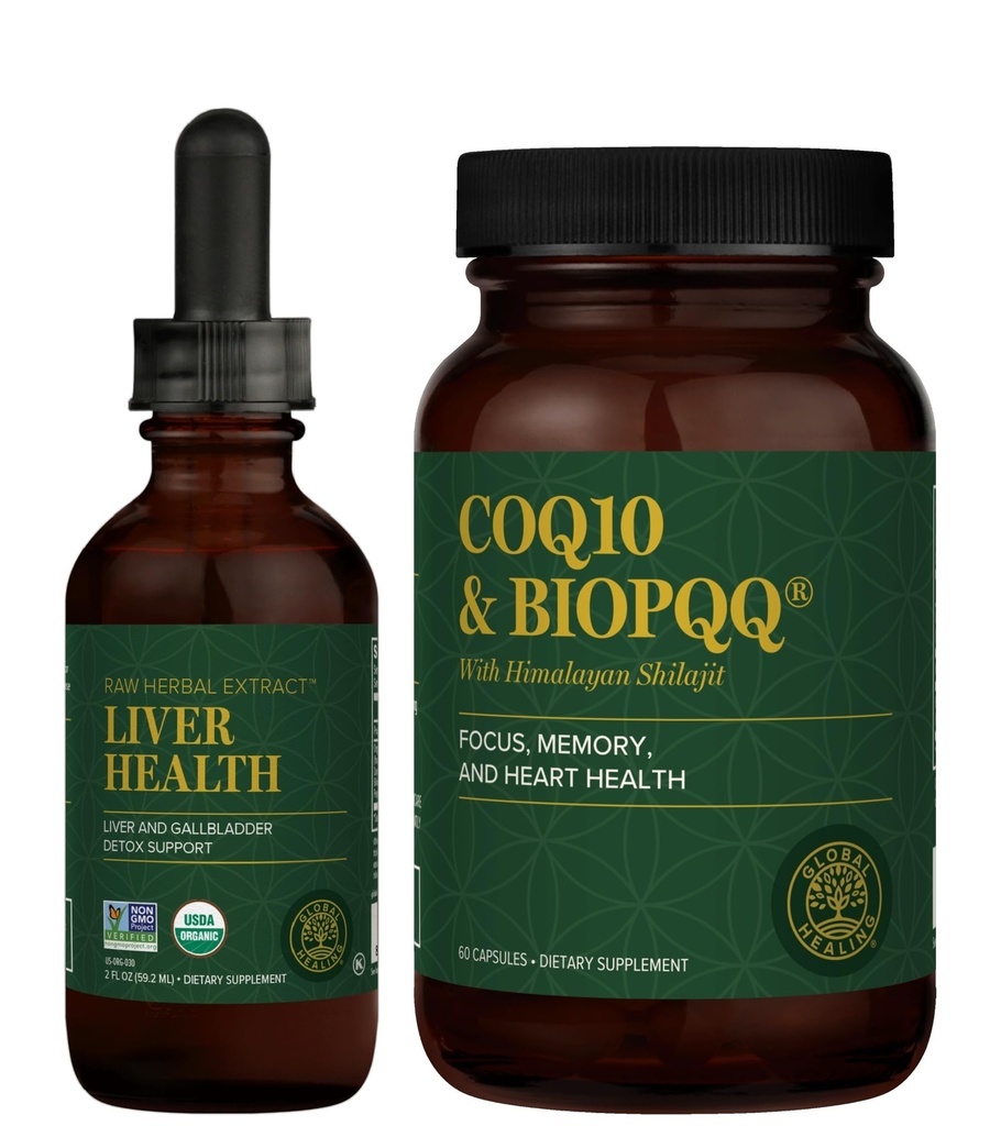 Global Healing Center - Levergezondheid & CoQ10 & BioPQQ met Shilajit Kit - Liquid Drops for Healthy Blood Flow, Vein Circulation & Advanced Heart, Brain Support for Concentration & Focus