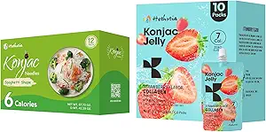 Hethstia Konjac Jelly Strawberry Flavor Collagen Peptides 10 Packs and Konjac Spaghetti Gluten Free 12 Packs, Low Calorie, Sugar Free, Keto, Healthy Food