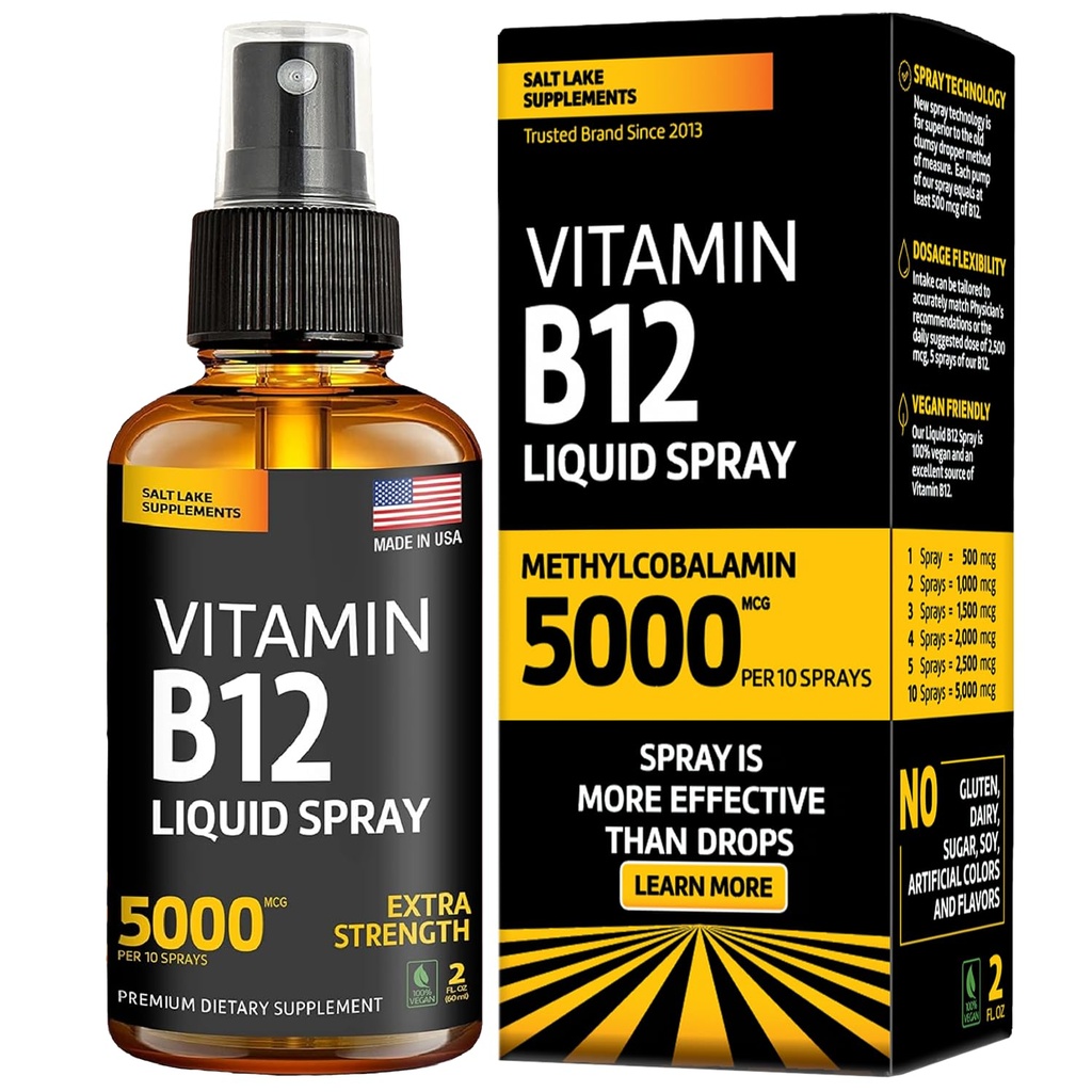 Vitamine B12 Spray sublingual 5000 mcg – Vegan Methylcobalamin Liquid B12 Boost Energy, Mood & Brain Health - Spray sans gluten, sans OGM B12 pour les hommes et les femmes - Posologie facile (5000 mcg dans 10 sprays)