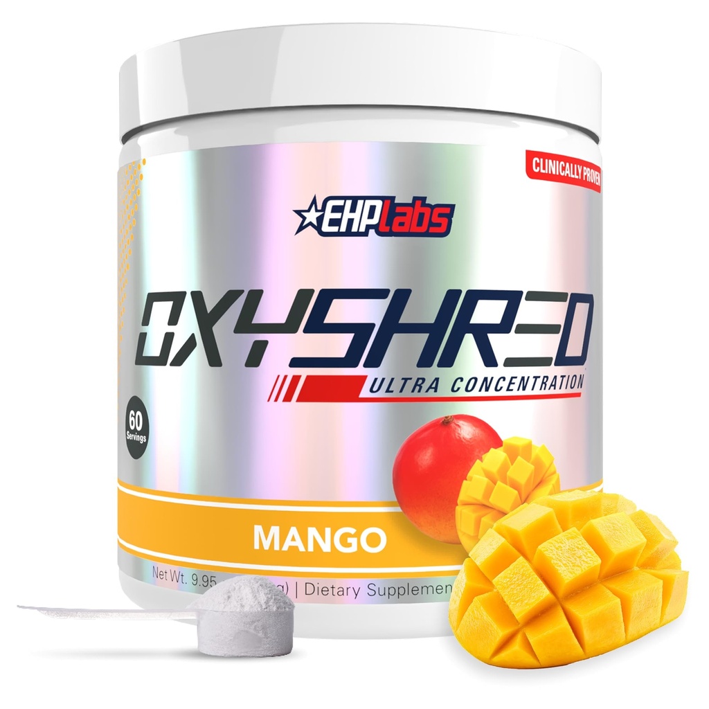 EHP Labs OxyShred Pre Workout Powder - Preworkout Powder avec L Glutamine et acétyl L Carnitine, Boissons Energy Boost - Mango, 60 portions