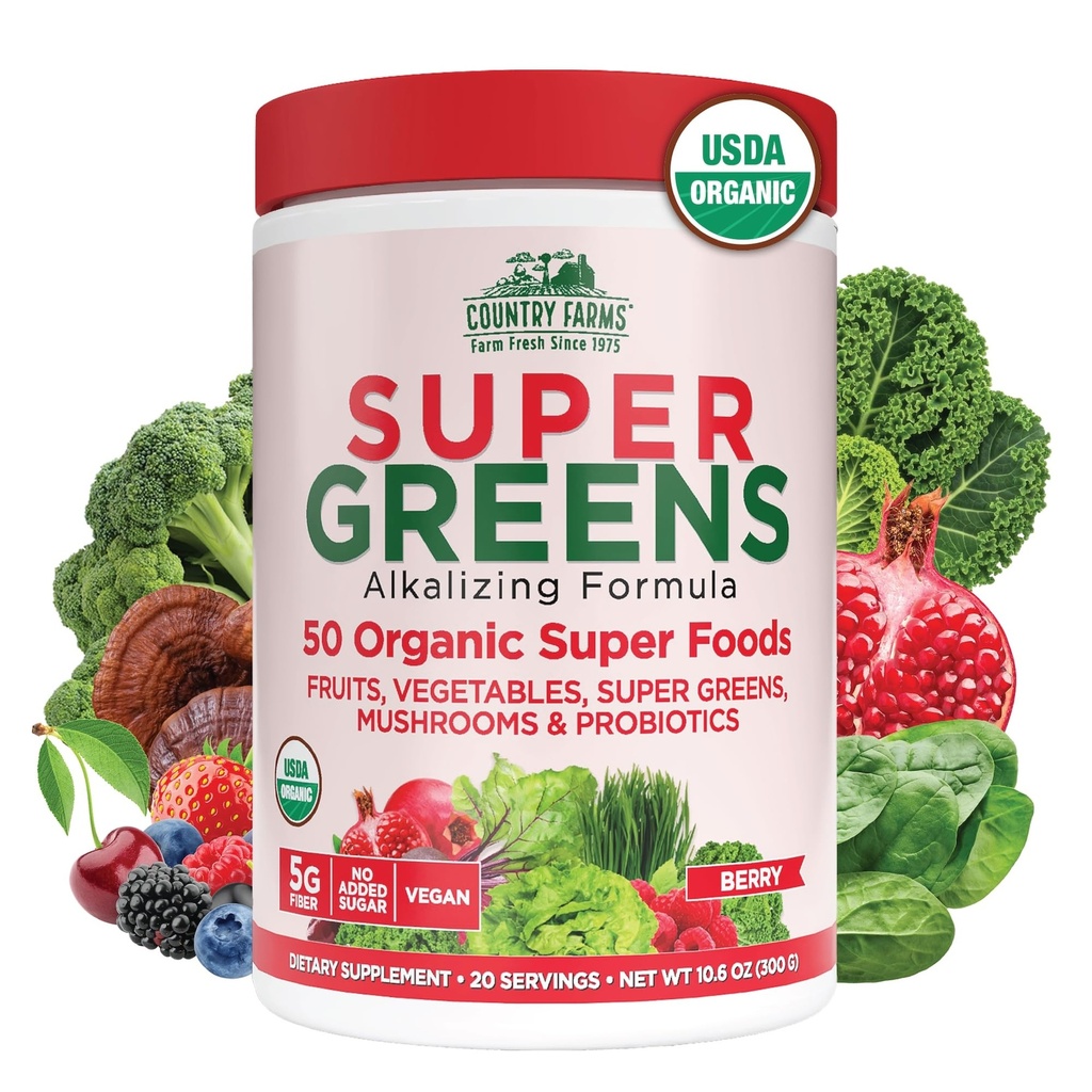 Country Farms Biologische Super Greens Berry smaak, 50 Biologische Super Foods, Verpakt met vezels, USDA Biologische Drink Mix, Fruit, Groenten, Paddenstoelen en Probiotica, Ondersteunt Energie, 5g vezels