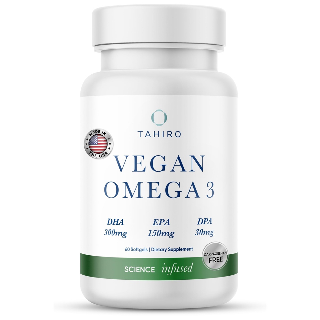 TAHIRO Vegan Omega-3 Softgels - Plant-Based Supplement met DPA, DHA & EPA - Nutriënten voor mannen, vrouwen en zwangere vrouwen - Ondersteunt hersenen gezondheid - Prenatale & gezamenlijke supplementen, 1000mg