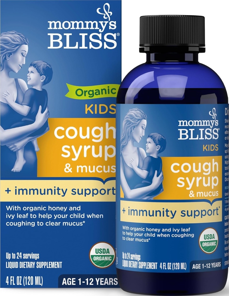 Mama's Gelukzaligheid Biologische Kids Hoest Siroop en Slijm Relief + Immuniteit Ondersteuning, Agave & Honing, Ivy Leaf, Vlierbes, Zink, Vitamine C, 4 Fl Oz