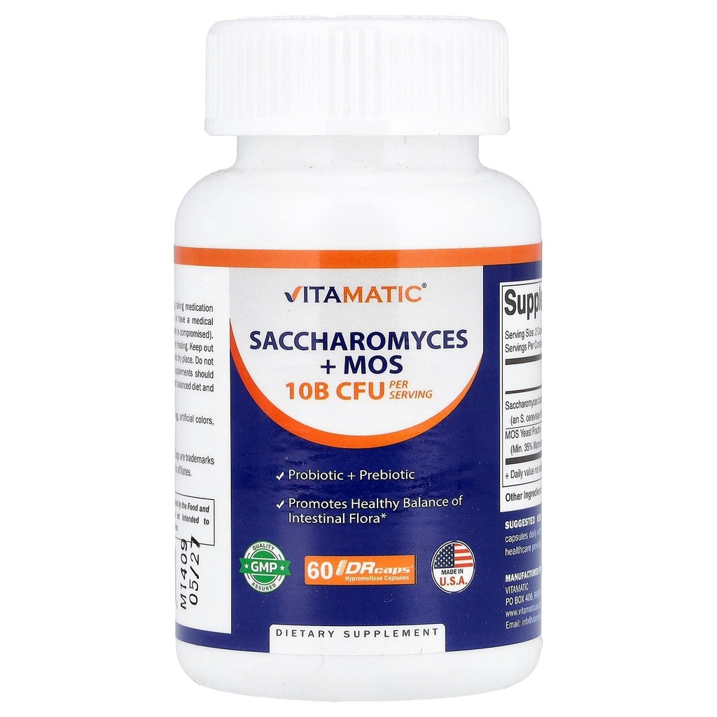 Vitamatic Saccharomyces Boulardii Probiotic 10B per Serving + Gist Extract (MOS Gist Fraction) 300 mg - 60 DR Capsules - Made in The USA