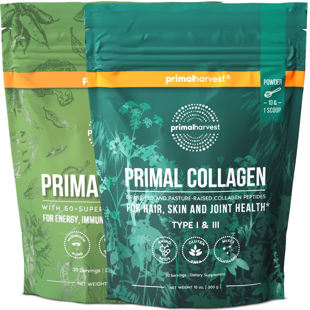 Primal Harvest Super Greens & Collagen Powder Suppléments pour femmes et hommes Superfood Greens Poudre et collagène Peptides Poudre pour cheveux, peau et ongles