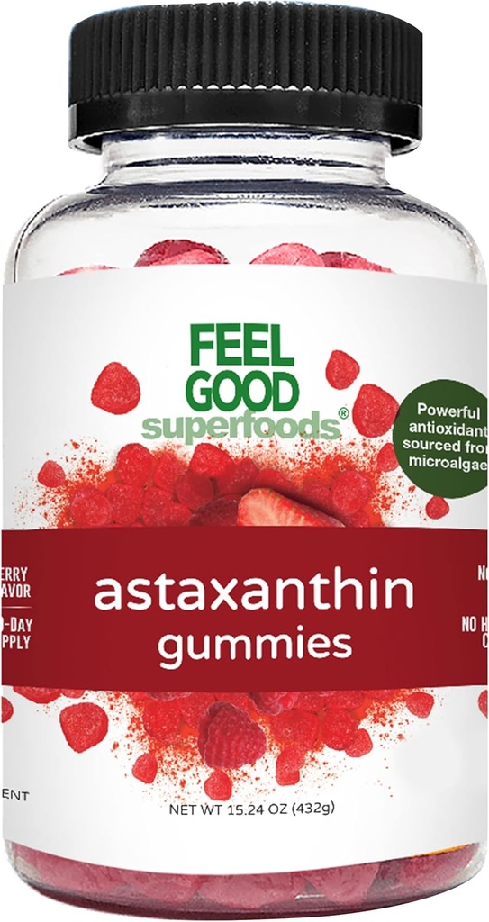 FeelGood Superfoods Astaxanthine Supplementen, 6mg Antioxidant Gummies voor huid en oog gezondheid, Berry smaak, Veganist, Non-GMO, 60 Tellen