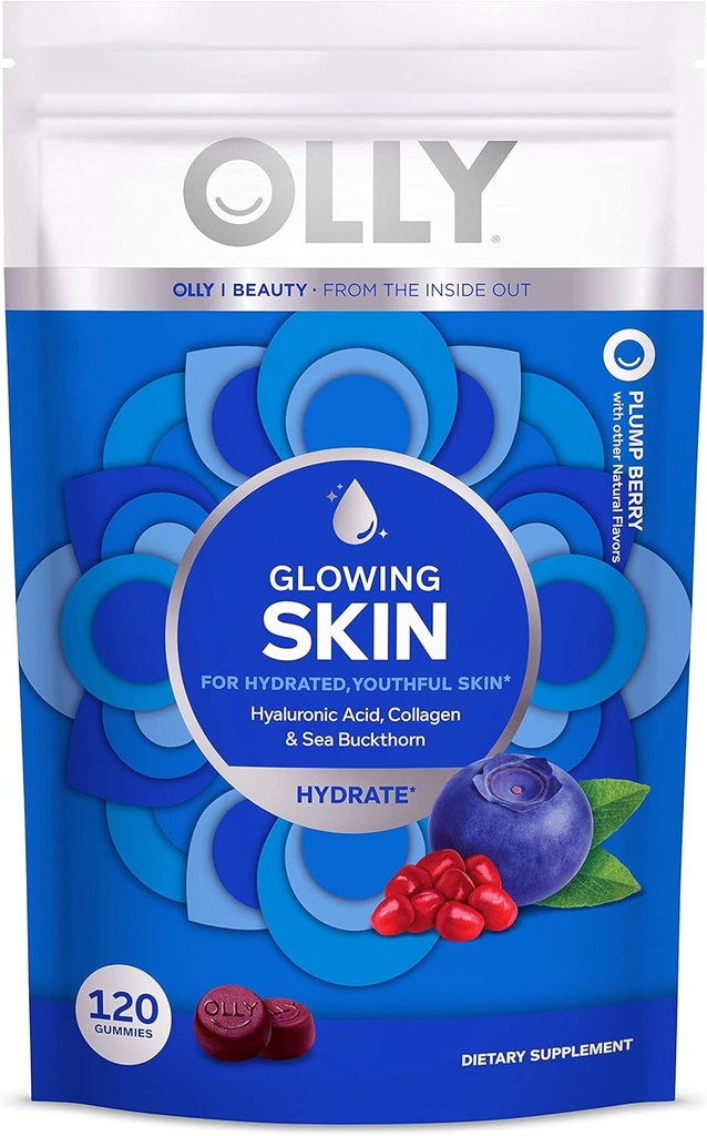 OLLY Glowing Skin Collagen Gummy, Hydrated, Youthful Skin, Hyaluronic Acid, Sea Buckthorn, Chewable Supplement, Berry, 60 Day Supply - 120 Count Pouch (pakket van 6)