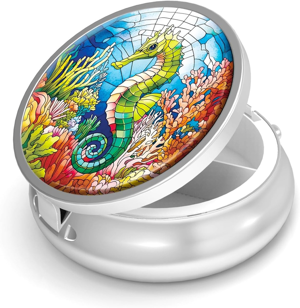 Pill Box-3 Compartiment kleine pil geval voor Purse & Pocket Mini metalen pil houder Travel Pill Container om supplementen vitamines BPA-vrij te houden (Seahorse)