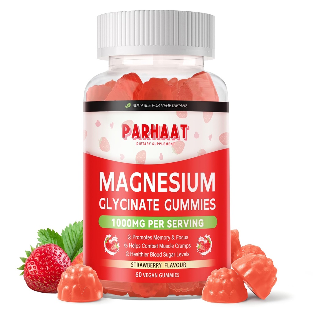 Magnesium Glycinate Gummies - Suikervrij Magnesium Kaliumsupplement met Vitamine D, B6, CoQ10 voor Kalm Mood & Slaap Ondersteuning - 60 Aardbei Kauwen