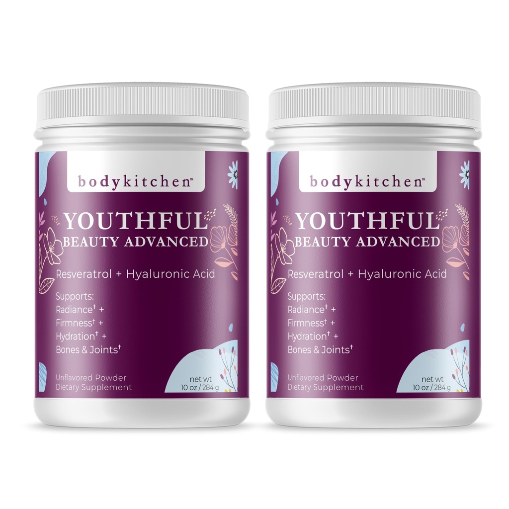 Body Kitchen Youthful Beauty Advanced, Collagen Peptides poudre pour beaux ongles de peau de cheveux, resvératrol et acide hyaluronique pour anti-âge et antioxydant support, gazon (paquet de 2)