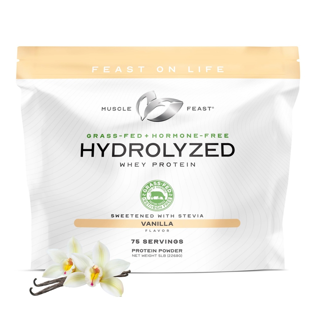 Muscle Feast Gehydrolyseerde Wei Proteïne Poeder, Grass Fed en alle natuurlijke Hormone-Free, Hydro Wei Poeder voor Mannen en Vrouwen, Glutenvrij, Non-GMO, Heerlijk Gehydrolyseerd Proteïne Poeder, Vanille, 5lb
