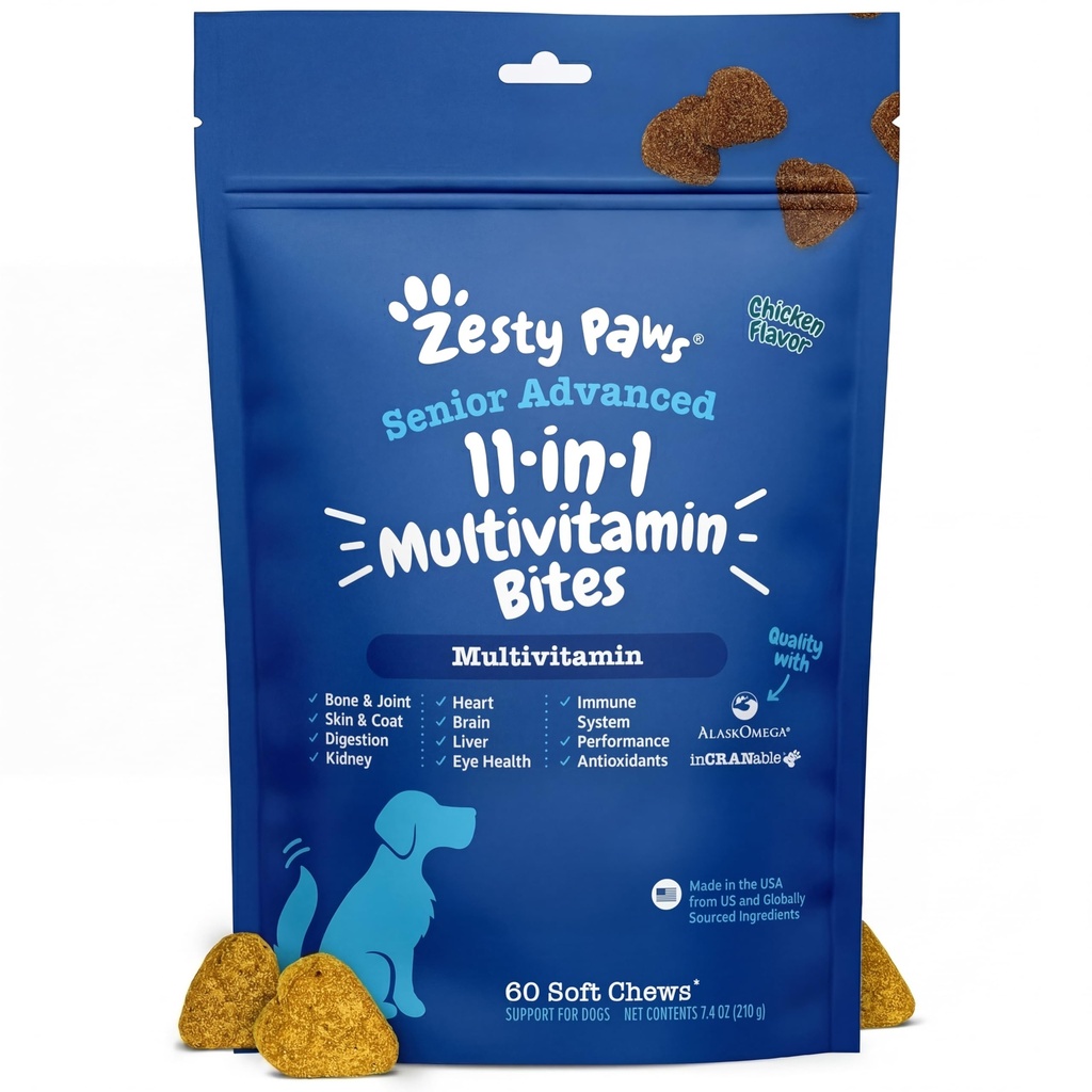 Zesty Paws Senior Honden Multivitamine Treats - Glucosamine voor honden + Digestieve Enzymen & Probiotica - Grain Free Honden Vitaminen en Supplementen voor de Huid & Coat + Immune Health Chicken - Geavanceerd - 60ct