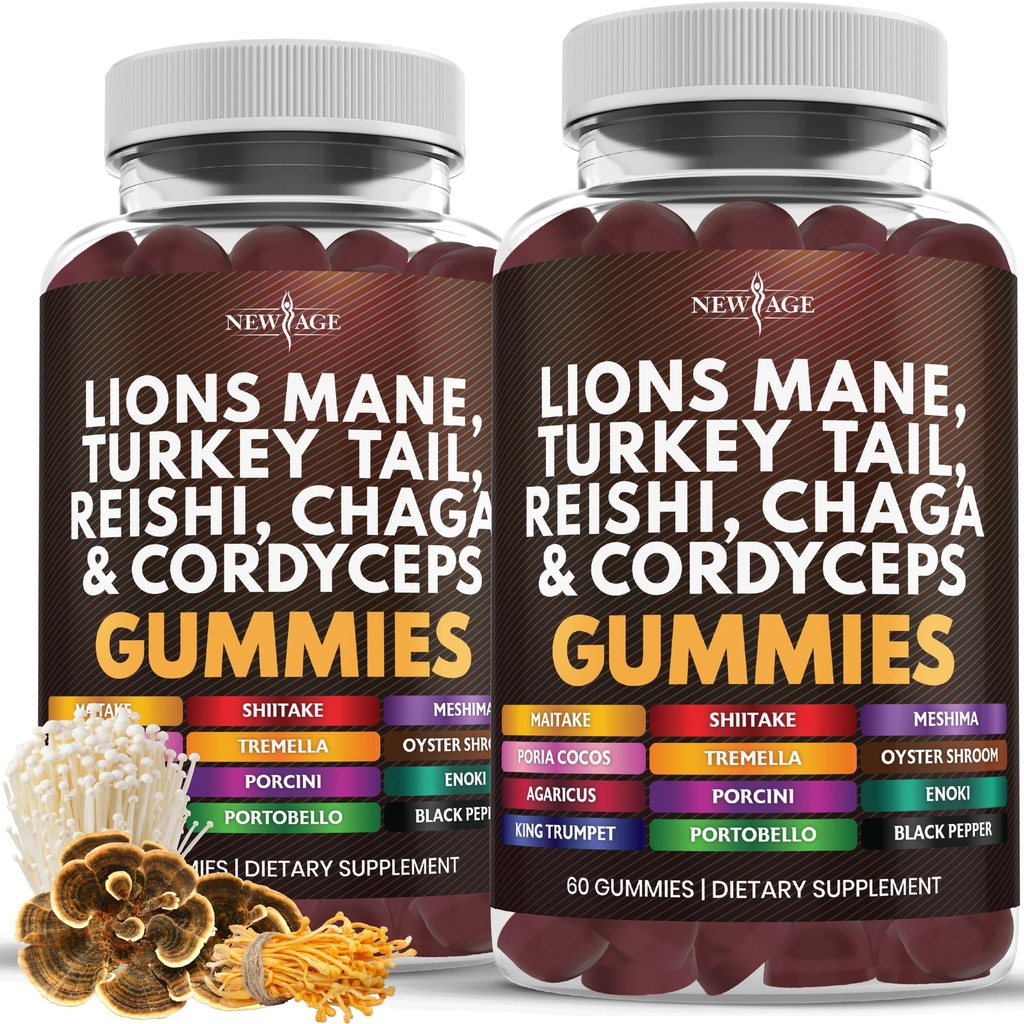 NIEUW AGE Paddestoel Leeuwen Manensupplement Gummies - Uitgebreide paddosupplement voor Cognitieve en Immune Ondersteuning, met Reishi, Cordyceps - 120 Tel.