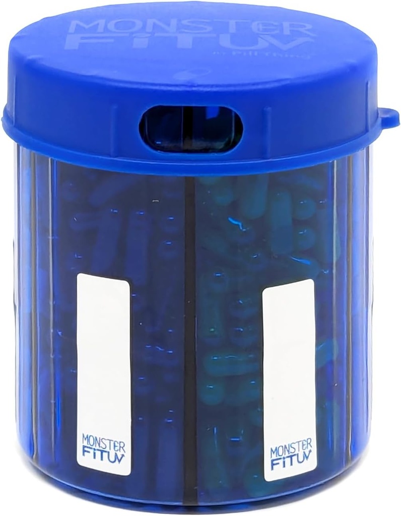 Supplement Pill Dispenser Fles, 6 Compartiment, Labels, Gemakkelijk Open, Anti-Mixing, UV-beschermde, Maandelijkse Vitamine, Monster Fit Jr Medication Holder (Cobalt blauw, klein)