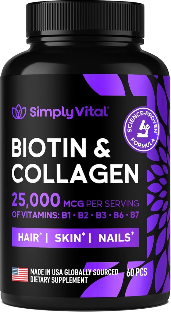 Biotine en Collageen Supplementen met Keratine 25000 mcg - Haarhuid & Nails Vitaminen met Collageen Keratine B Complex - Made in USA - Biotine voor haargroei Vrouwen & Mannen ondersteunen huid & Nails, 60 capsules