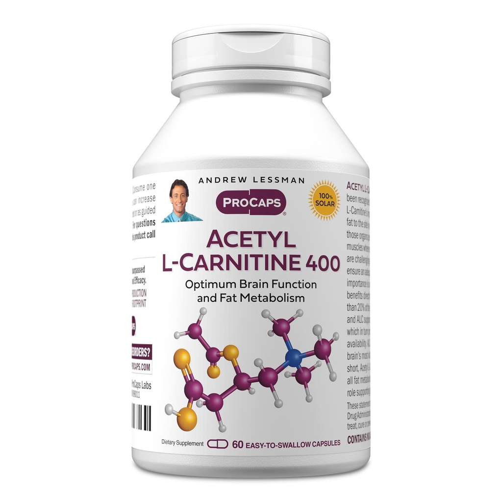 ANDREW LESSMAN Acetyl L-Carnitine 400 mg - 60 capsules - Ondersteuning voor zenuwstelsel, vet en energie Metabolisme, gezonde hersenfunctie, gezonde bloedstroom naar het brein. Makkelijk te slikken capsules.