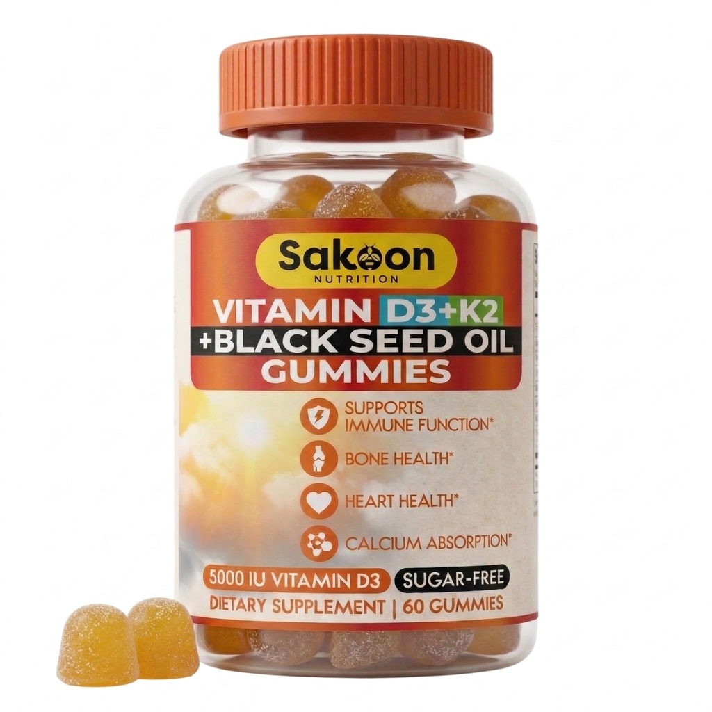 Sakoon nutrition 5000 UI Vitamine D3 K2 supplément de vitamine avec huile de graine noire pour os, dents, muscles et défense immunitaire, sans OGM et sans gluten, 60 gummy chéwables