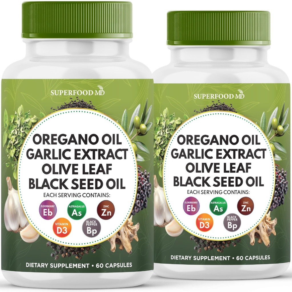 Oregano Oil, Knoflook Extract, Olive Leaf, Black Seed Oil, Astragalus-Immune Support & Digestive Health Supplement for Women and Men-120 Count