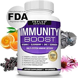 Immunity Boost Immune Support Supplément â € , 1650mg 10 en 1 Mélange avec Elderberry, Vitamine C, Zinc, Echinacea & Probiotiques pour la défense du système immunitaire, soutenir le système respiratoire sain, 60 Capsules
