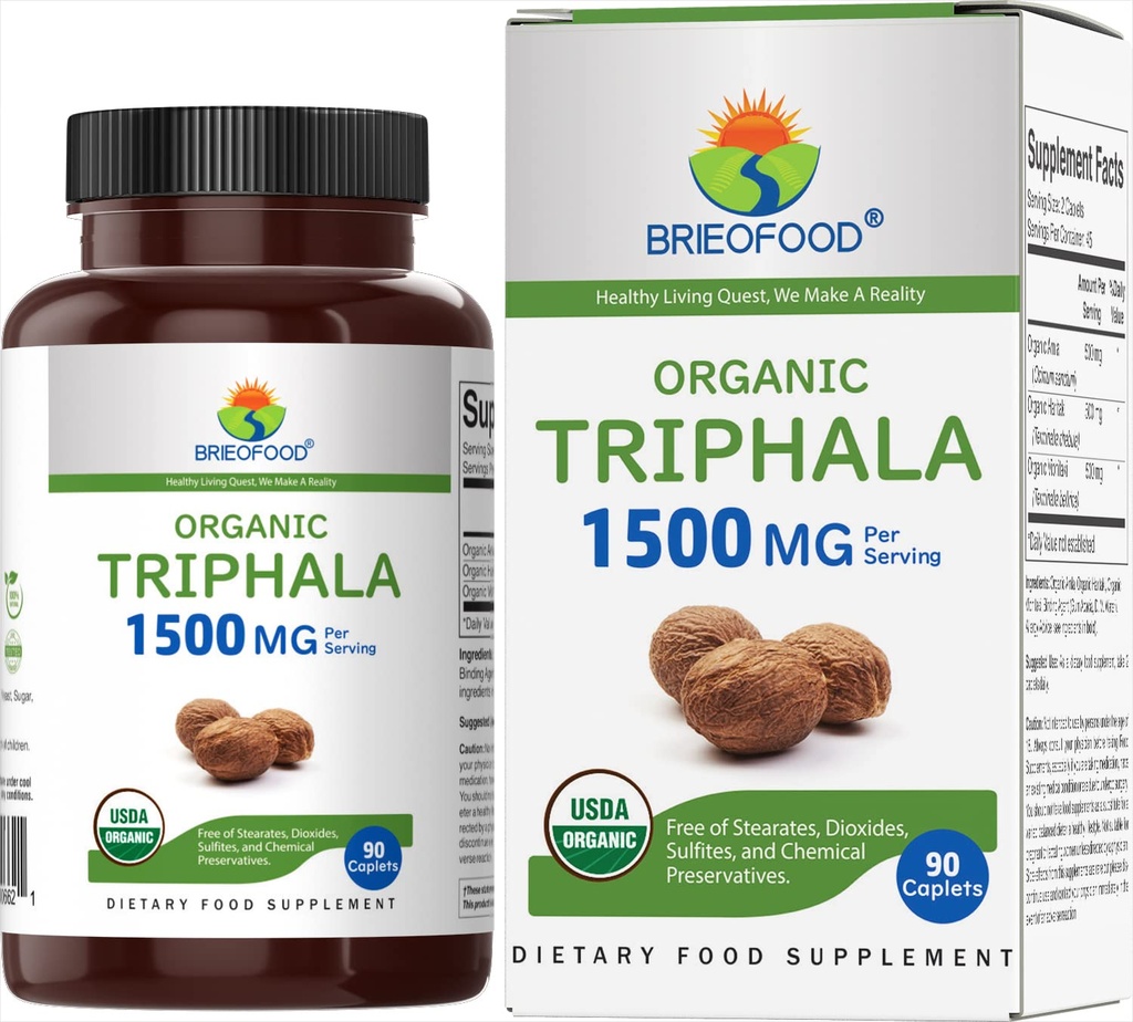Brieofood Bio Triphala 1500mg, 45 portions, végétarien, sans gluten, 90 comprimés végétariens