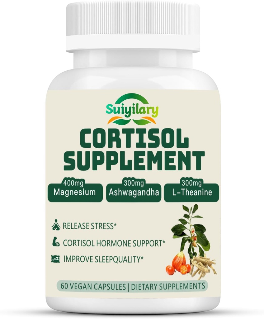 Cortisol Supplement voor vrouwen mannen, hormoonbalans, Magnesium, Ashwagandha, Rhodiola, L-Theanine, Vitamine B6 & B12, Mood, Focus, Slaapondersteuning, Vegan 60 Capsules