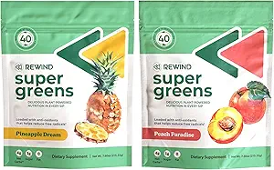 Rewind Super Greens Poeder - Ondersteunt energie, immuniteit en Gut Health - Meer dan 40 Superfoods - Delicious Powdered Greens - Ananas en Peach