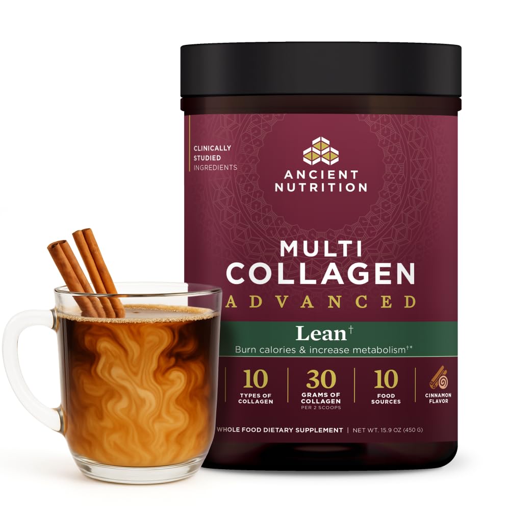 Ancient Nutrition Advanced Hydrolyzed Collagen Peptides Powder Protein Lean avec des probiotiques et de la vitamine C, cannelle, pour les femmes et les hommes, soutient la gestion du poids santé et le bâtiment musculaire, 25 portions