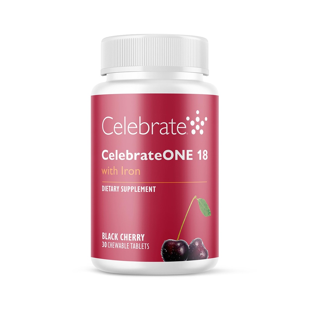 Vier vitamines CelebrateONE 18 Kauwtabletten, 18mg ijzer - Eenmaal daags Bariatrische multivitamine, essentiële vitaminen en mineralen - Gastric Bypass & Sleeve Gastrectomie Supplement - Black Cherry (30 tabletten)