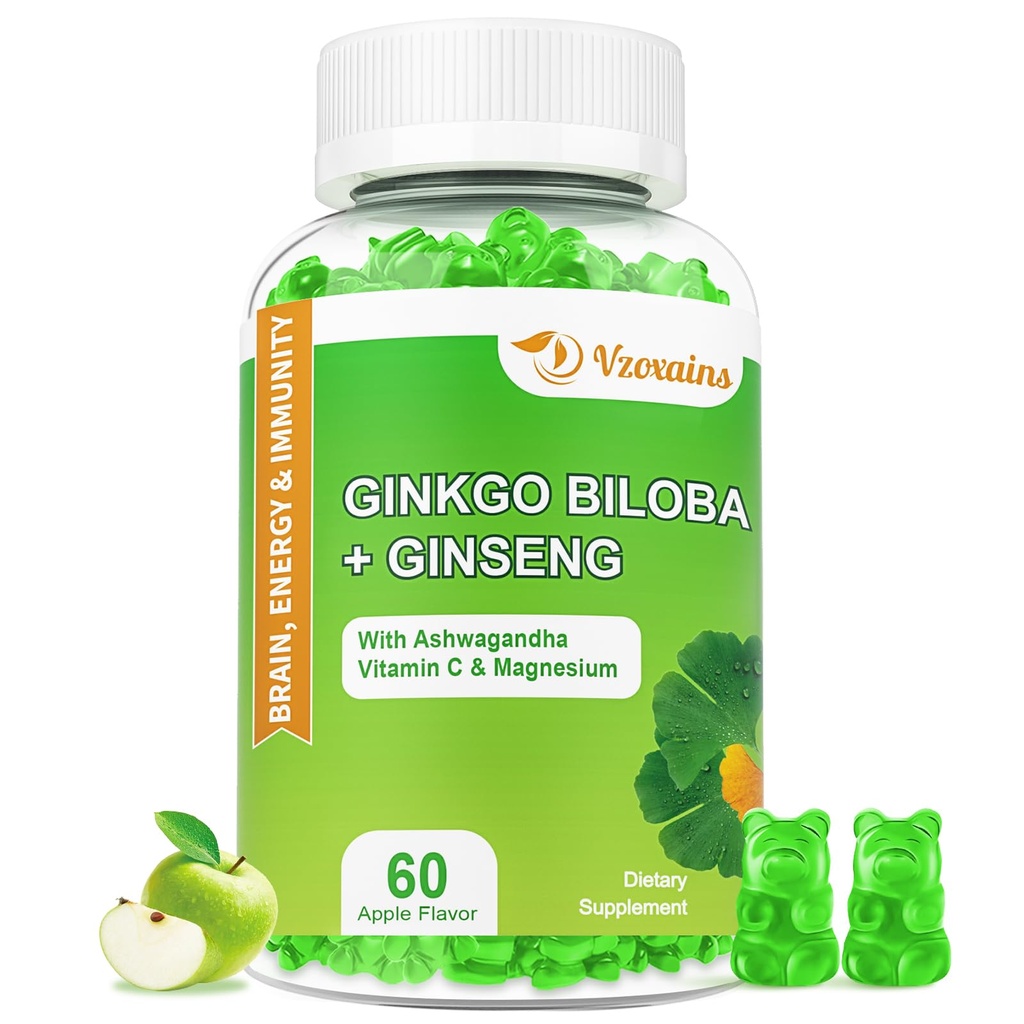 240MG Ginkgo Biloba Gummies met Ginseng en Magnesium, Ginko Biloba Supplementen Gummies voor Brain Focus, Mood en Geheugen voor volwassenen, 60 Ct