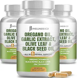 JB Wellness Oregano Oil, Knoflook Extract, Olive Leaf, met Astragalus - Immune Support & Digestief Health Supplement voor vrouwen en mannen - 180 Tel.