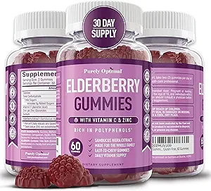 Pure Optimale Vlierbessen Gummies - Immuun Ondersteuning Supplement met Vitamine C & Zink, Biologische Zwarte Vlierbessen Extract, Veganistisch, Niet-GMO, Glutenvrije, 60 Tellen