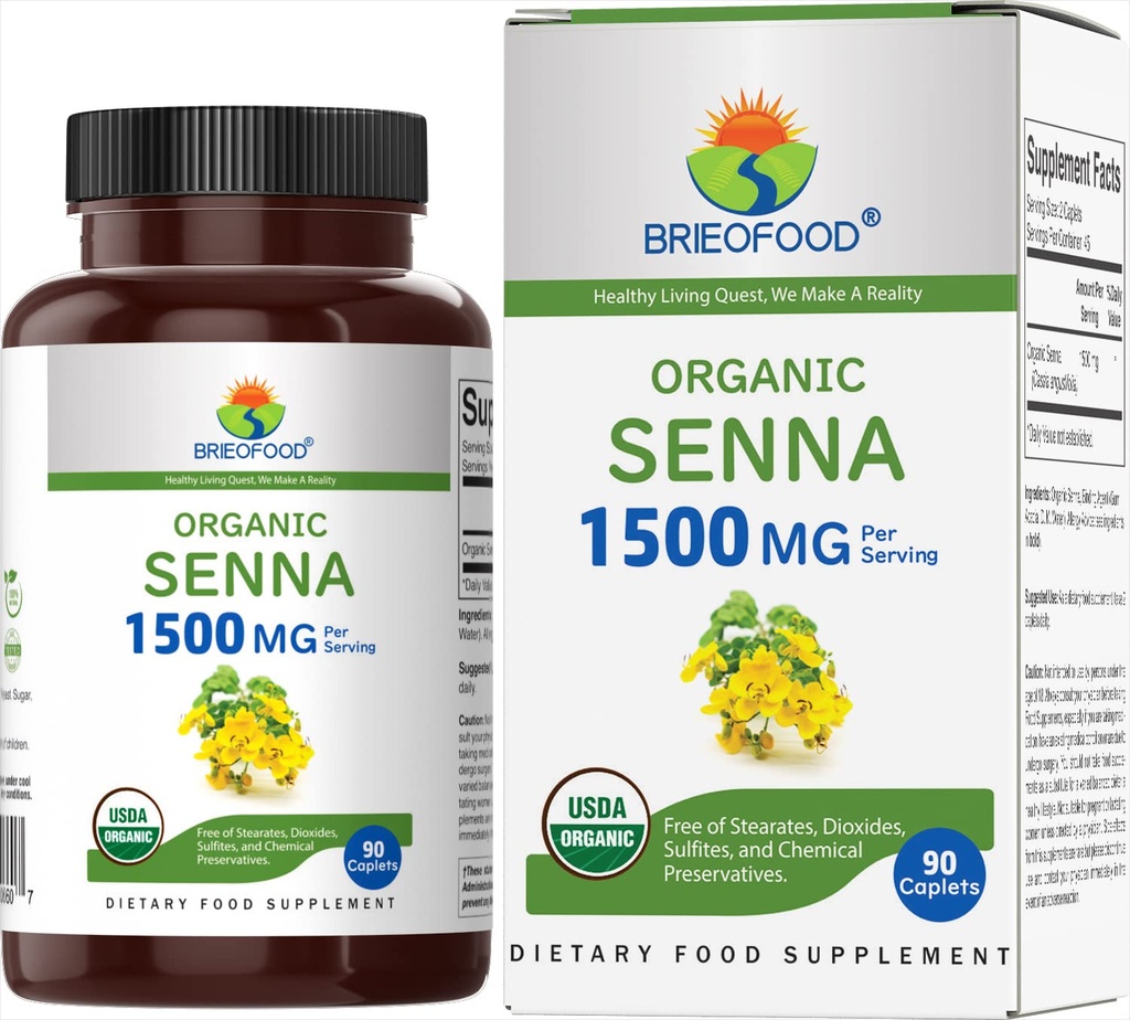 Brieofood Biologische Senna 1500mg, 45 porties, Vegetarisch, Glutenvrij, 90 Vegetarische tabletten